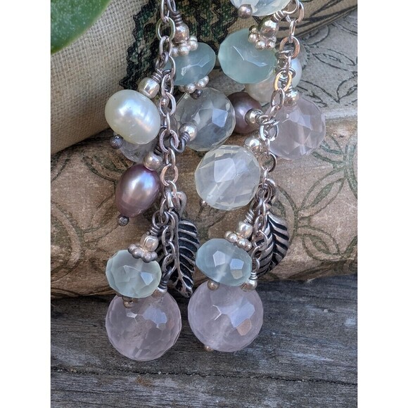 Vintage Sterling Rose Quartz Pearl Earrings, Silver Gemstone Dangle Earrings - Picture 9 of 10